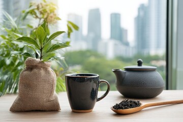 A dark mug of tea sits beside a burlap-wrapped plant and a dark teapot on a wooden surface near a window overlooking a city skyline. Loose tea leaves are on a wooden spoon
