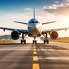 Fototapeta premium Airplane taxiing on runway at sunset (1)