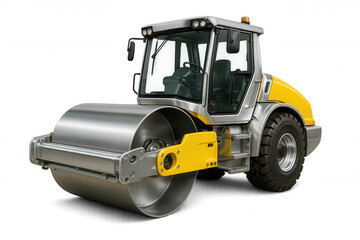 Fototapeta premium Yellow and gray road roller compacting fresh asphalt on a transparent background, ideal for construction and infrastructure projects