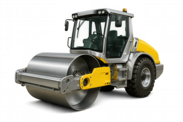 Yellow and gray road roller compacting fresh asphalt on a transparent background, ideal for construction and infrastructure projects