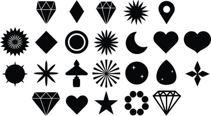 Vector art of diverse collection of black silhouette icons and symbols isolated on white, including diamonds, hearts, stars, and natural elements