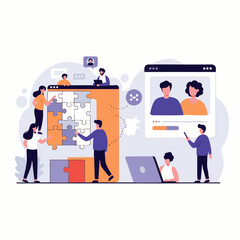 Diverse team members collaborate remotely, connecting through technology for online meetings, fostering global teamwork and digital inclusivity in a hybrid work environment.