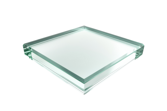Clear glass square block isolated on transparent background. Clear glass square panel floating in space with a white edge showcasing a sleek isolated on white background.