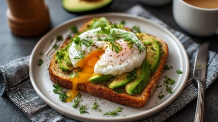 Sliced toast with mashed avocado and poached egg drizzled with creamy sauce, garnished with fresh herbs on a plate for a hearty breakfast
