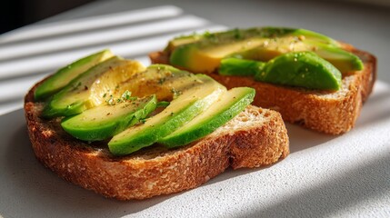Sourdough toast topped with layers of sliced avocado on a clean white plate, minimalist healthy breakfast or snack