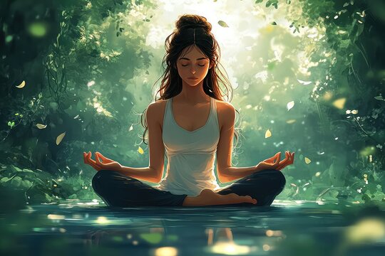 A yogini meditating in a serene garden, with a gentle breeze rustling the leaves around her