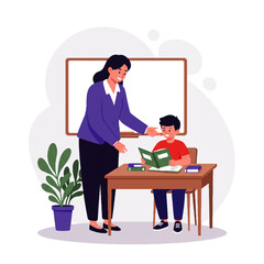 An illustration of a female teacher and a male student working together at a desk with a laptop.
