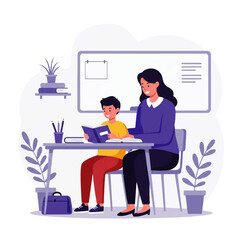 An illustration of a teacher and a student sitting at a desk, with a laptop and a whiteboard.