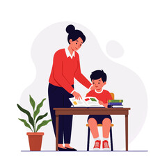 An illustration of a female teacher and a male student working on a book at a desk.