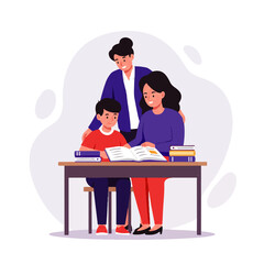An illustration of a teacher and a student looking at a book together at a desk.
