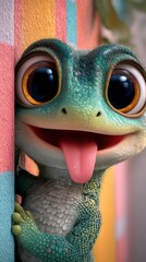 Adorable cartoon lizard character with big googly eyes and a wide smiling mouth, sticking its tongue out playfully