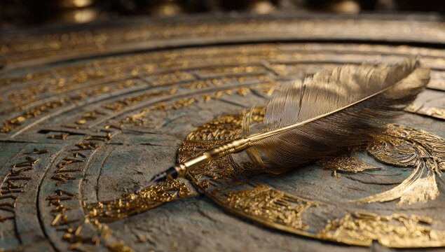A gold-tipped feather quill rests on a large, circular, aged metallic surface etched with intricate, ancient-looking script