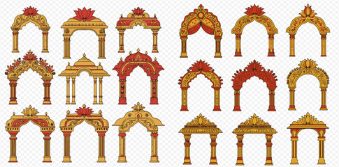 A collection of ornate, traditional Indian architectural arches and gateways, illustrated in gold and red.