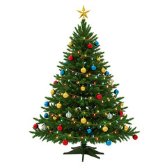Decorated christmas tree with star and ornaments isolated on transparent background