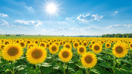 Fototapeta premium Vibrant sunflower field under a bright sunny sky, bursting with golden yellow blooms and lush green leaves, evoking summer joy and natural beauty.
