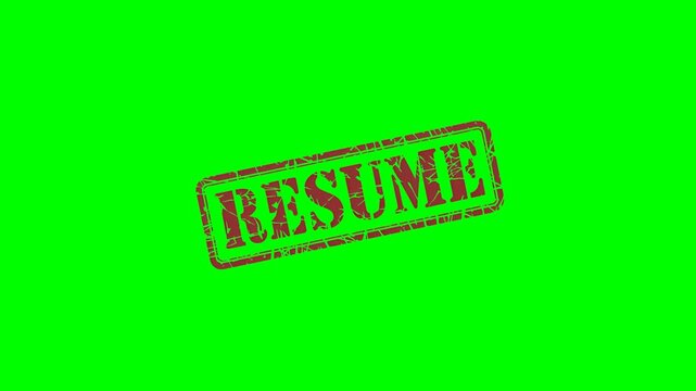 Resume: rubber stamp seal label animation on a green screen background for marking continued operations, restarting activities or indicating the continuation of paused processes