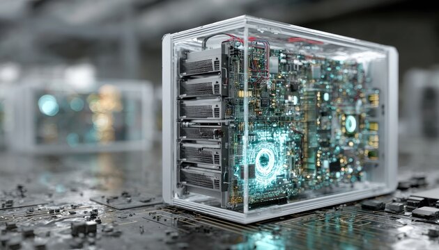 Transparent server box, intricate inner workings visible