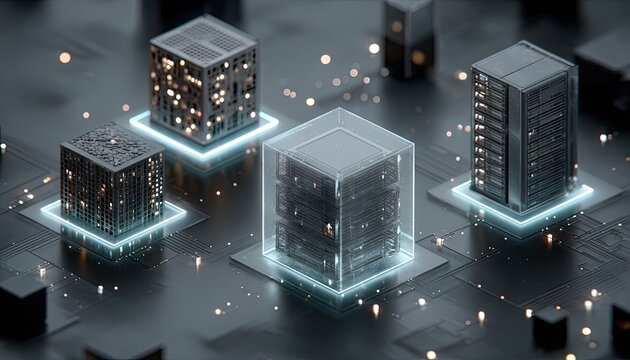 Futuristic cityscape of interconnected cubes, illuminated by glowing light
