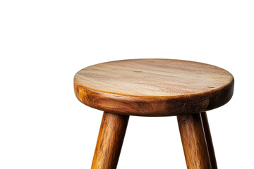 Rustic wooden three legged stool isolated on transparent background. Wooden stool featuring a round top sturdy legs designed with a natural wood grain isolated on white background.