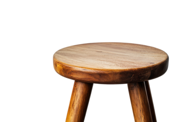 Rustic wooden three legged stool isolated on transparent background. Wooden stool featuring a round top sturdy legs designed with a natural wood grain isolated on white background.