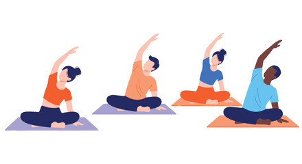 Group of people doing yoga poses on mats in a studio space
