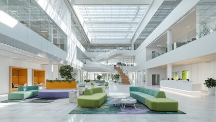Sunlit modern office atrium with high ceilings, glass skylights, and colorful modular seating arranged around a patterned rug