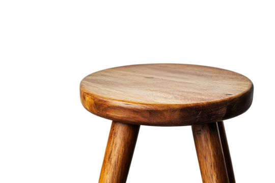 Rustic wooden three legged stool isolated on transparent background. Wooden stool featuring a round top sturdy legs designed with a natural wood grain isolated on white background.