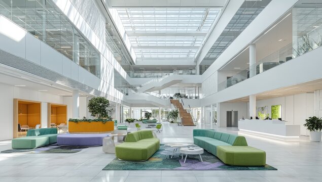 Sunlit modern office atrium with high ceilings, glass skylights, and colorful modular seating arranged around a patterned rug