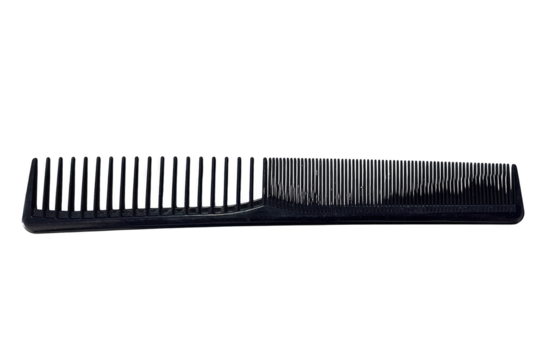 Black plastic comb on transparent background
