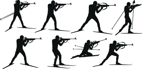Biathlon athlete silhouette series, skiing and shooting poses, winter sports action, dynamic movement, sports performance, competitive skiing, shooting target, professional biathlon action,