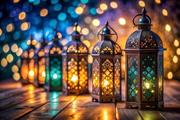Obraz premium Glowing Ramadan Lanterns: Festive, Warm, and Ornate Moroccan-Style Decor on Rustic Wood.