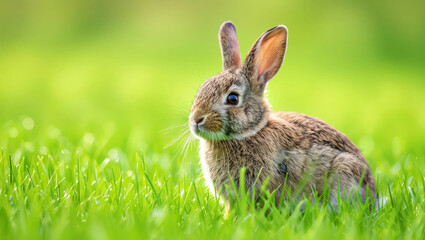 Fototapeta premium Adorable baby rabbit nestled in vibrant green grass, symbolizing spring, nature, and new beginnings with a soft, gentle focus