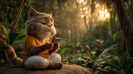 3D-rendered anthropomorphic cat musician wearing orange robes playing a traditional stringed instrument while sitting peacefully in a sunlit forest clearing.
