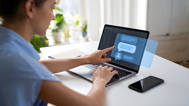 Woman using laptop computer for online communication and social interaction