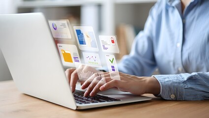 Woman working on laptop with digital documents and data analysis