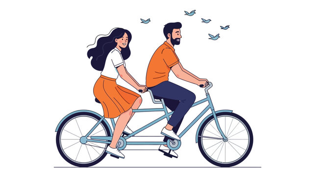 Cartoon couple riding tandem bicycle with birds in the sky