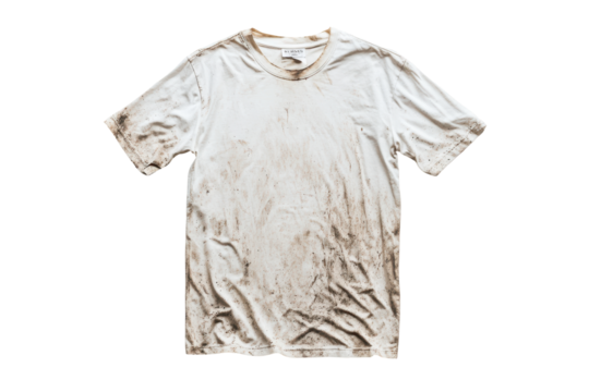 Distressed graphic t shirt with floral and text print isolated on transparent background. Dirty white t shirt isolated on white background.