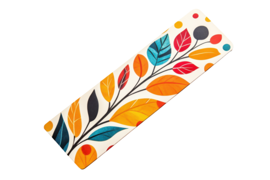 Colorful floral patterned bookmark isolated on transparent background. Eco friendly decorative bookmark with colorful leaf and flower patterns isolated on white background.