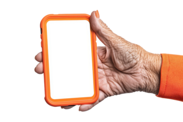 Elderly hand holding a smartphone with blank screen isolated on transparent background. Elderly caucasian woman's hand holding a smartphone with a blank screen isolated on white background.