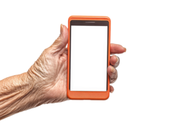 Elderly hand holding a smartphone with blank screen isolated on transparent background. Elderly caucasian woman's hand holding a smartphone with a blank screen isolated on white background.