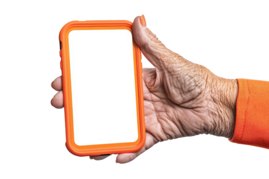 Elderly hand holding a smartphone with blank screen isolated on transparent background. Elderly caucasian woman's hand holding a smartphone with a blank screen isolated on white background. - Powered by Adobe