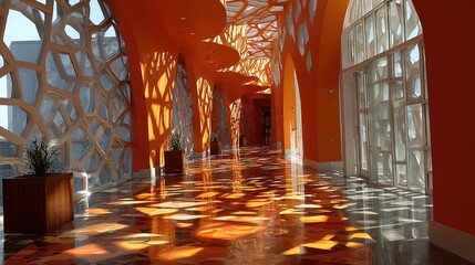 Long orange corridor with patterned floor and lattice windows
