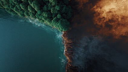 Aerial view of lush green forest sharply divided from a burning, smoky landscape bordering dark water