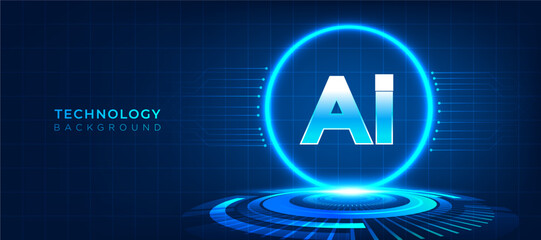 AI technology background vector with glowing blue neon circle and futuristic grid floor, perfect for website banner, presentation, Modern, artificial intelligence design