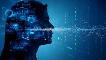 Innovative scientist analyzing complex data streams with futuristic interface, visualizing scientific discovery and breakthrough research in advanced technology