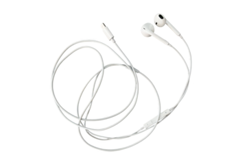 Modern white wired headphones on transparent background