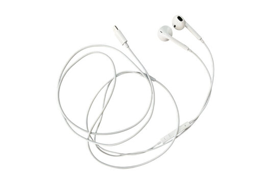Modern white wired headphones on transparent background