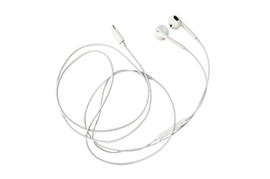 Modern white wired headphones on transparent background