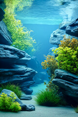 A tranquil underwater scene showcasing vibrant marine plants and rugged rock formations.