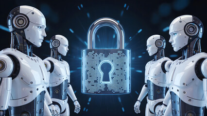 Futuristic robots guard a glowing digital padlock symbolizing secure data and advanced cybersecurity solutions, representing AI protection and network safety